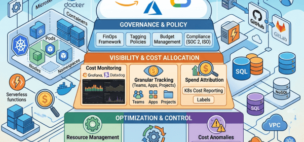 Cloud-native cost control architecture infographic covering governance, allocation, optimization, and FinOps