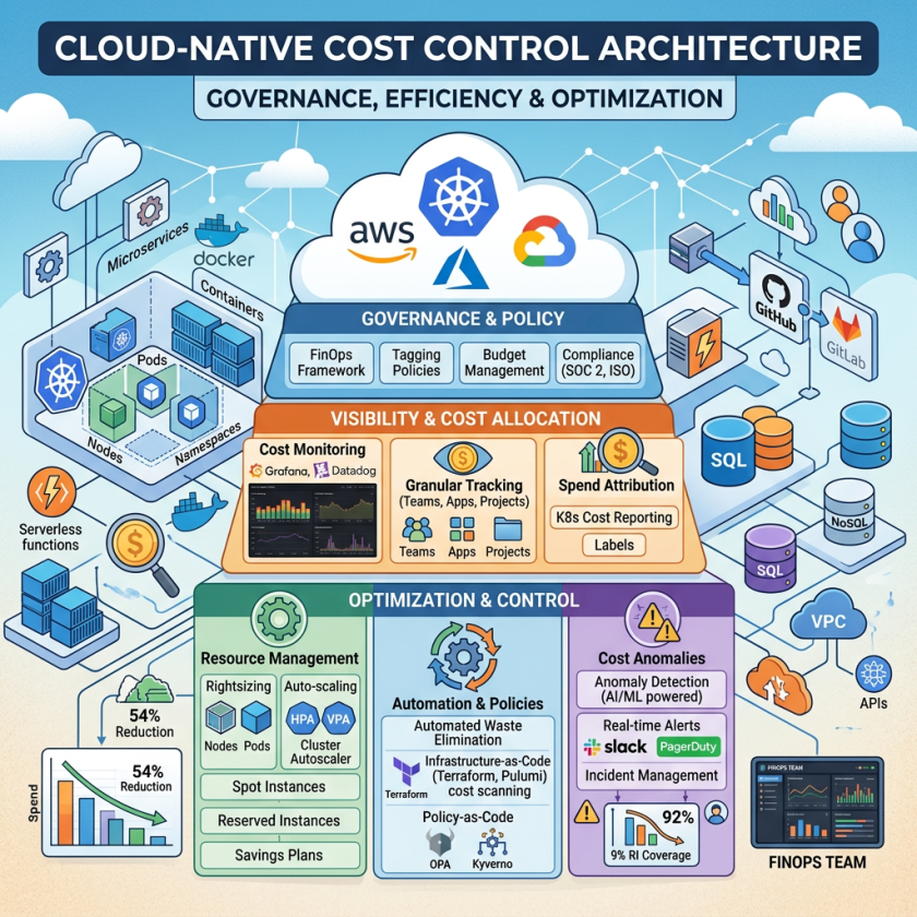 Cloud-native cost control architecture infographic covering governance, allocation, optimization, and FinOps