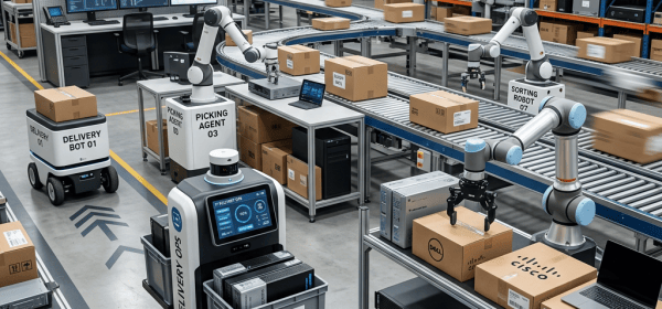 Automated warehouse with robots, conveyors, delivery vehicles, and fulfillment dashboards