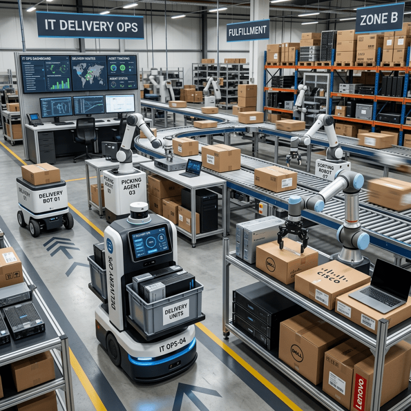 Automated warehouse with robots, conveyors, delivery vehicles, and fulfillment dashboards