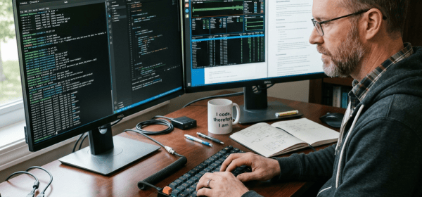 Software developer typing at a desk with three code-filled monitors