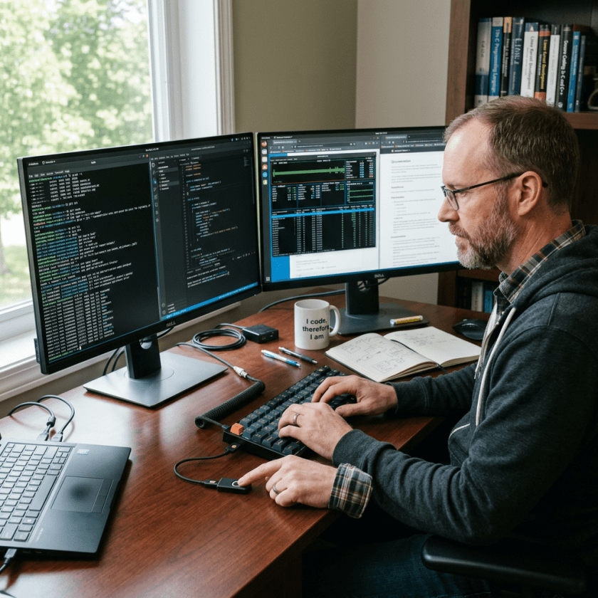 Software developer typing at a desk with three code-filled monitors