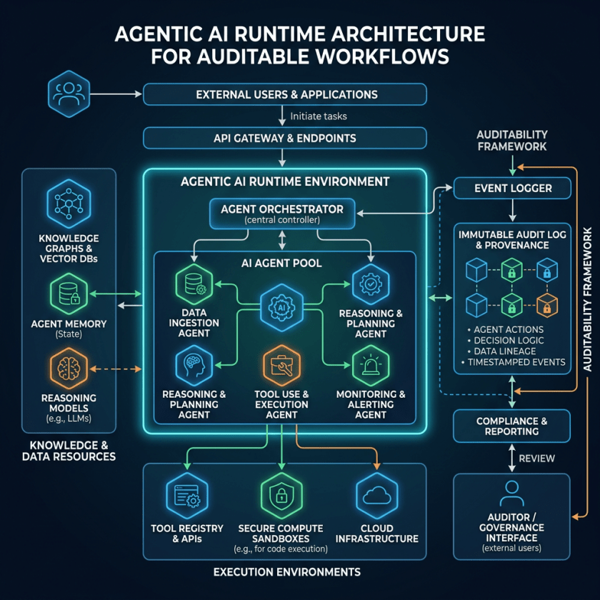 Architecture diagram showing agentic AI runtime, agent pool, execution environments, and auditable workflow controls