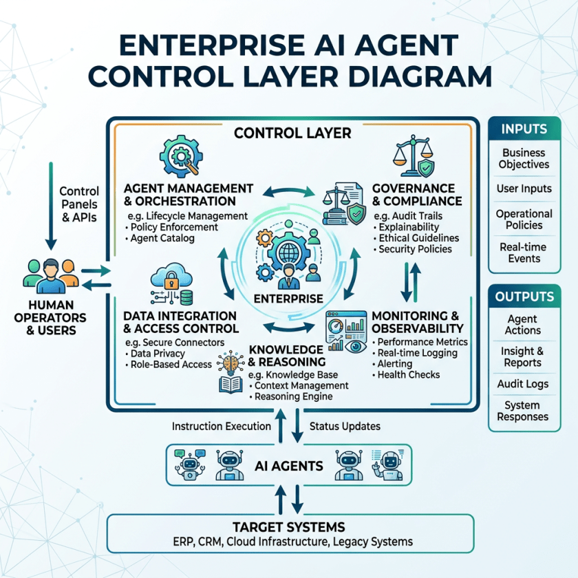 Enterprise AI Agent Control Layer Diagram: control layer includes agent management and orchestration, governance and compliance, monitoring and observability, knowledge and reasoning, and data integration and access control; connects human operators and users, inputs, AI agents, target systems, and outputs.
