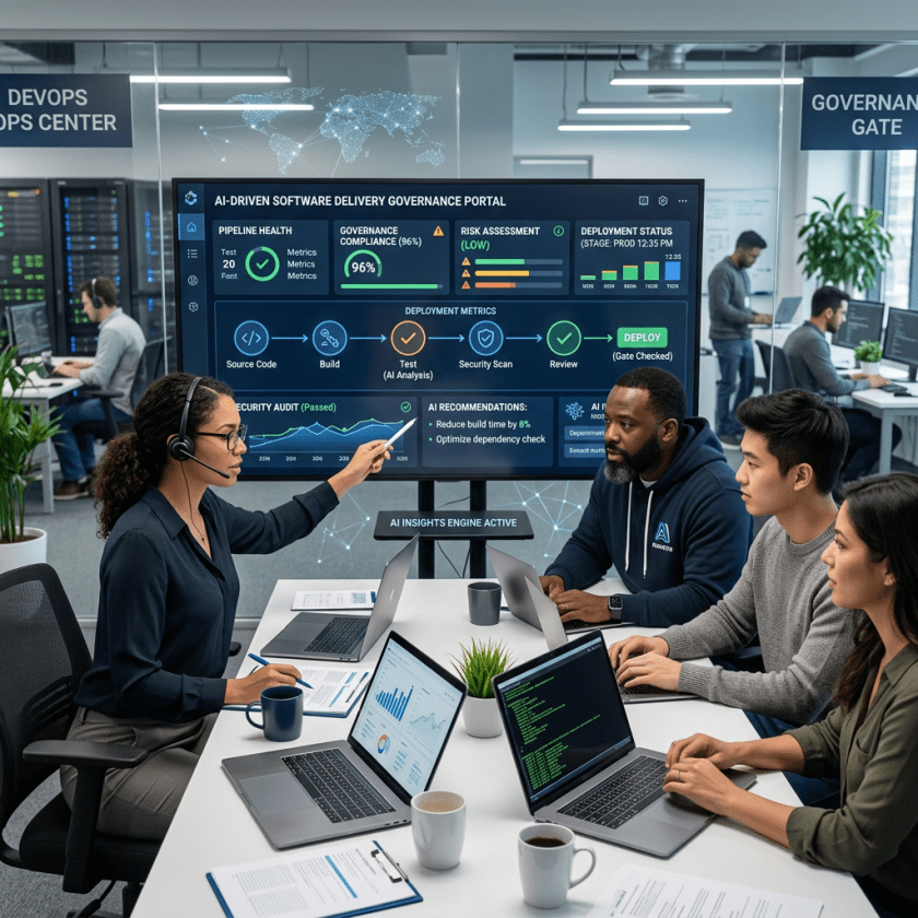 Software team reviewing an AI-driven delivery governance dashboard