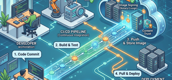 Container Registry Supply Chain Workflow: code commit, build and test, image signing, push and store, pull and deploy.