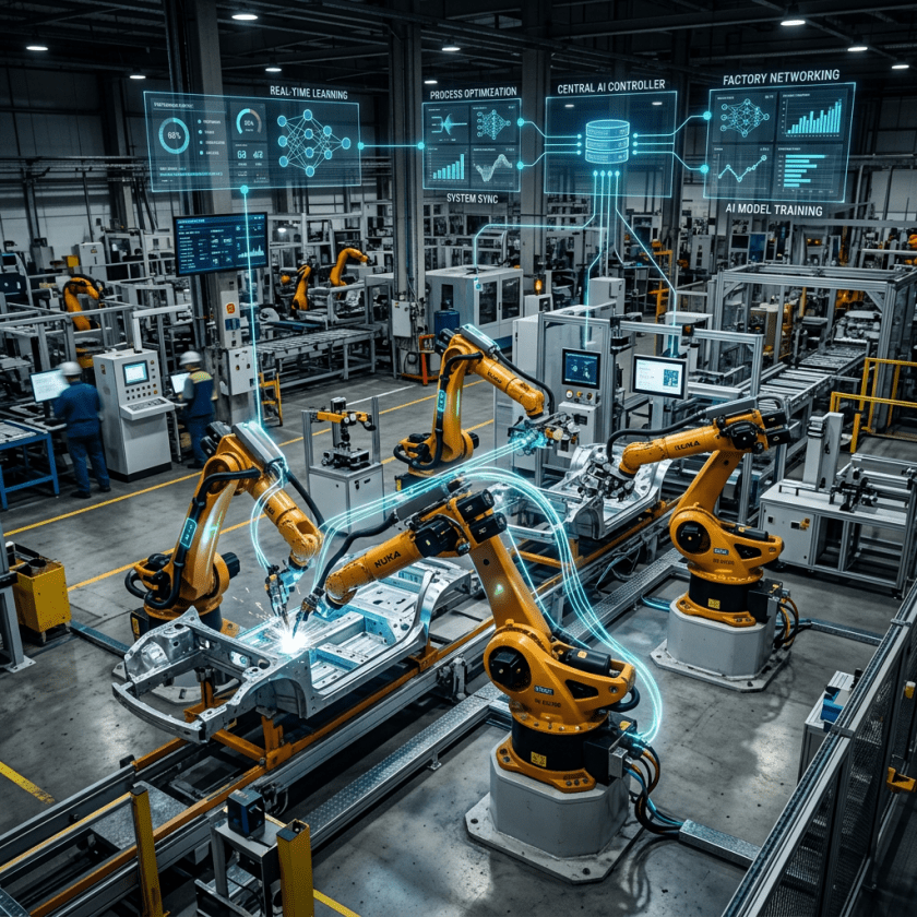 Robotic arms assembling vehicle parts on an AI-connected factory line