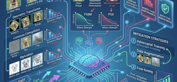 Infographic titled “CLIP Deployment Robustness Study Visualization” covering distribution shifts, adversarial attacks, robustness metrics, and mitigation.