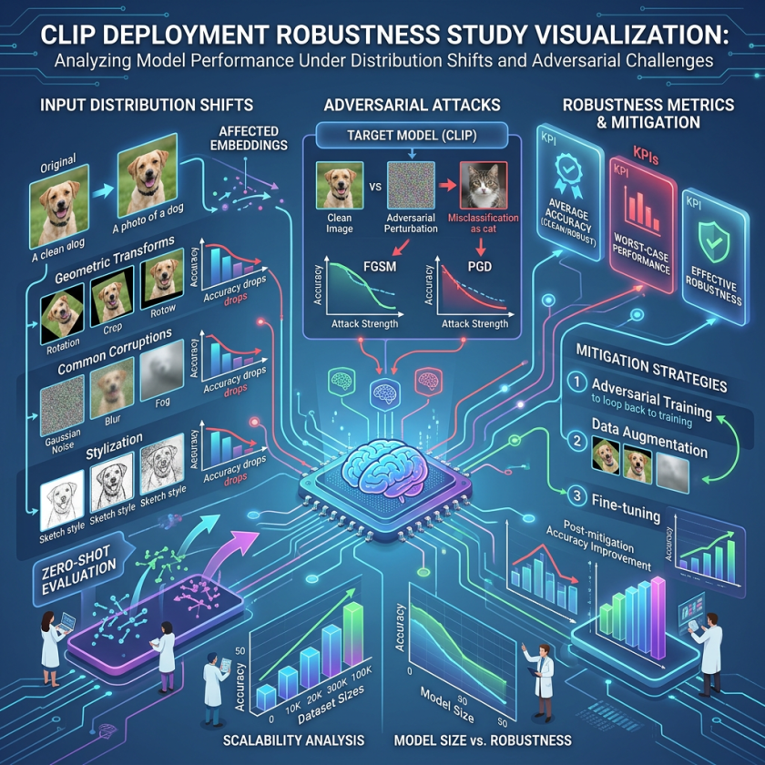 Infographic titled “CLIP Deployment Robustness Study Visualization” covering distribution shifts, adversarial attacks, robustness metrics, and mitigation.