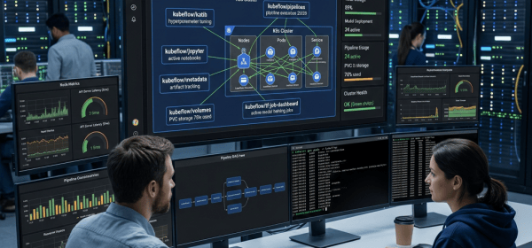 Two engineers monitor Kubernetes and AI infrastructure dashboards in a data center