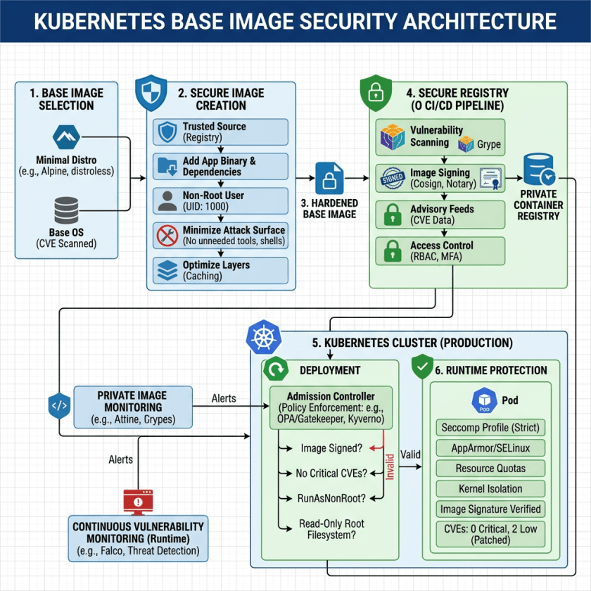 Kubernetes image security workflow from base selection through runtime protection