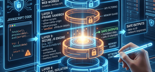 Diagram of secure JavaScript execution with four sandbox isolation layers