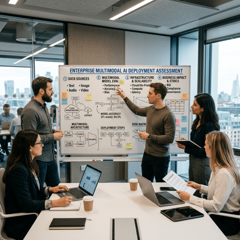 Team discussing an Enterprise Multimodal AI Deployment Assessment board