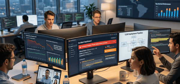 Team monitoring AI operations dashboards and deployment alerts