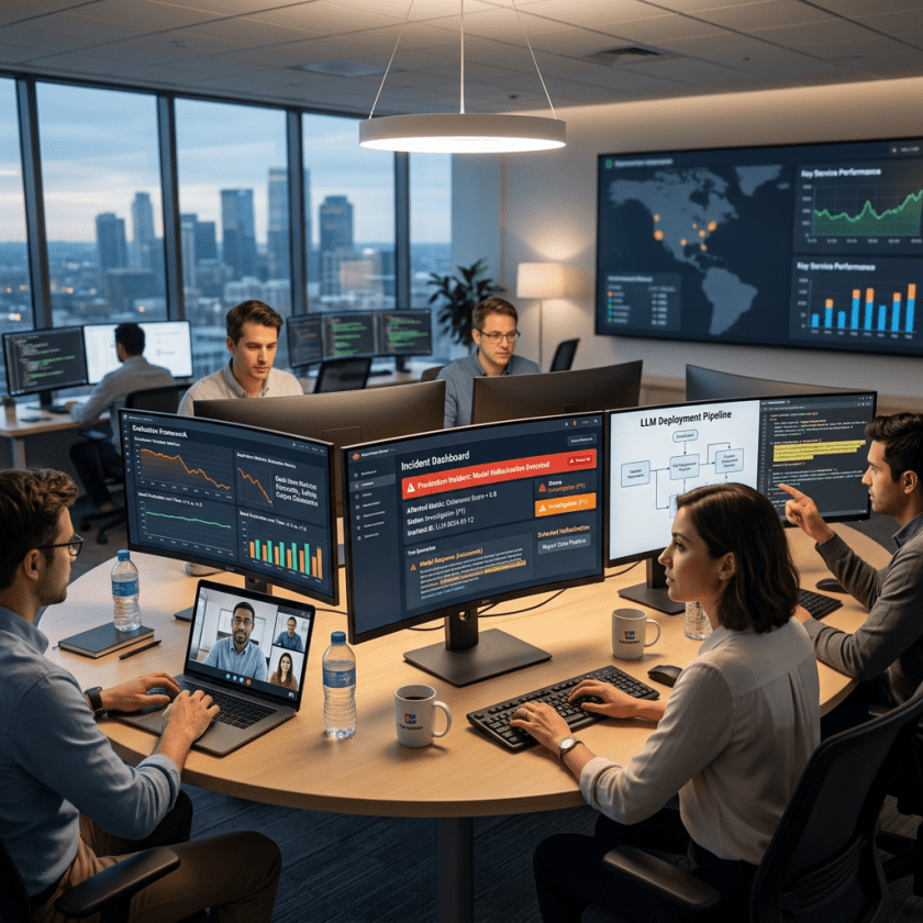 Team monitoring AI operations dashboards and deployment alerts
