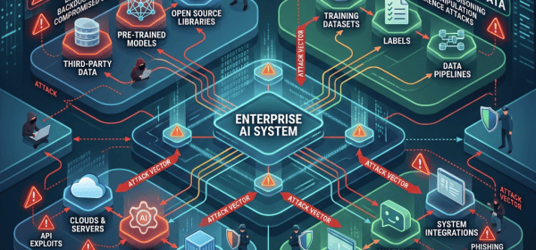Enterprise AI Security Attack Surface Illustration showing attack points, defense areas, and data flows