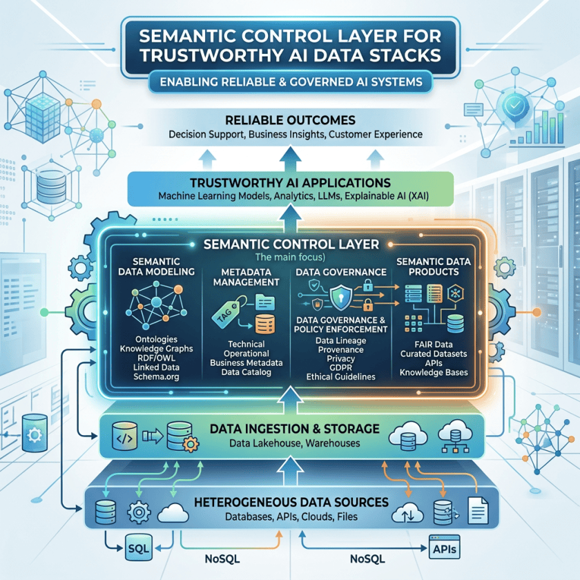 Infographic titled “Semantic Control Layer for Trustworthy AI Data Stacks,” showing data sources, ingestion and storage, semantic control, trustworthy AI applications, and reliable outcomes.