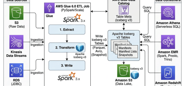 AWS Glue 6.0 pipeline connecting data sources, Iceberg tables, and analytics consumers