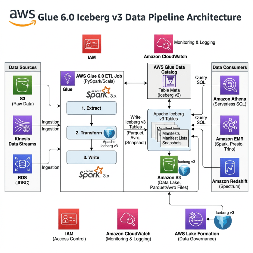 AWS Glue 6.0 pipeline connecting data sources, Iceberg tables, and analytics consumers