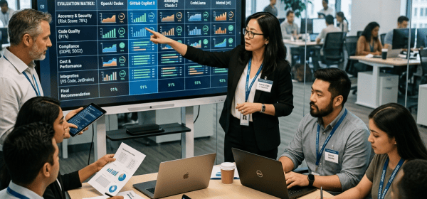 Team reviews AI coding model governance framework on presentation screen