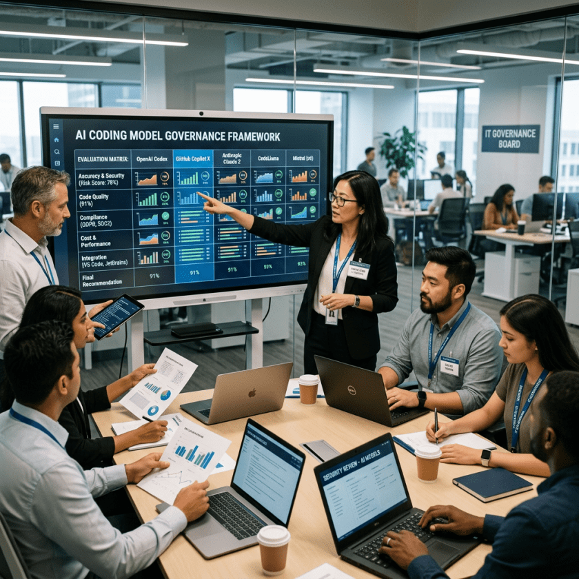 Team reviews AI coding model governance framework on presentation screen