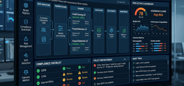 AI Governance and Observability Control Plane showing model risks and compliance status