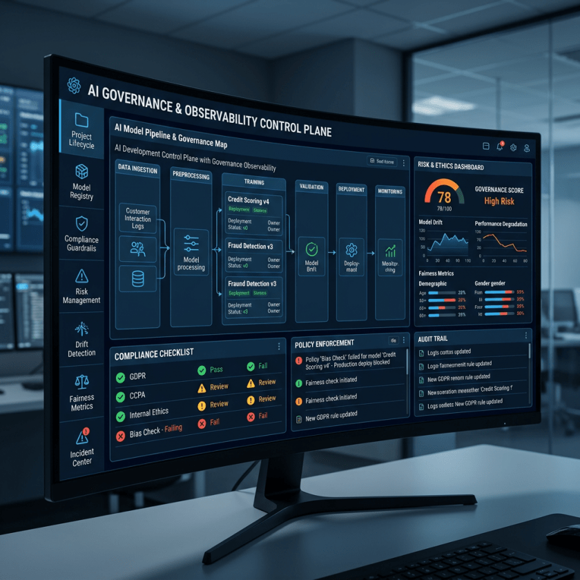 AI Governance and Observability Control Plane showing model risks and compliance status