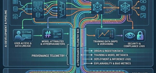 Enterprise AI provenance telemetry flow from data sources through deployment to compliance analytics