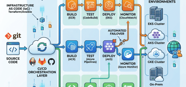 Architecture diagram showing multi-vendor CI/CD pipelines across EKS, AKS, GKE, and on-premises environments