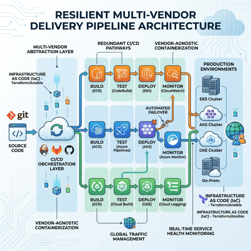 Architecture diagram showing multi-vendor CI/CD pipelines across EKS, AKS, GKE, and on-premises environments