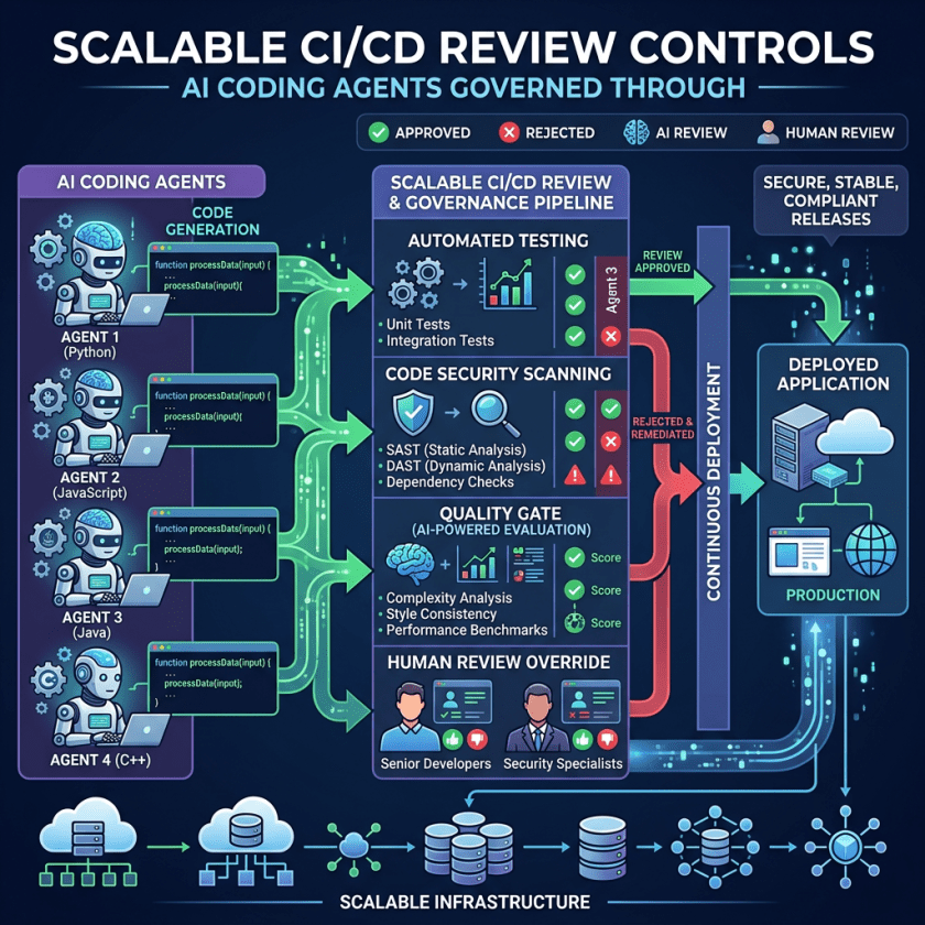 CI/CD pipeline governing AI coding agents through testing, security, quality, and human review