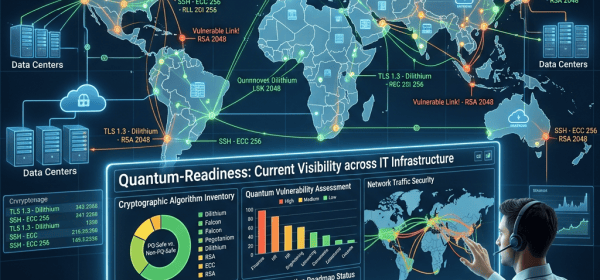 Global map and dashboard showing quantum-readiness, cryptography, and network vulnerabilities