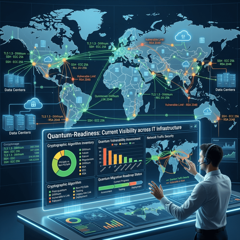 Global map and dashboard showing quantum-readiness, cryptography, and network vulnerabilities