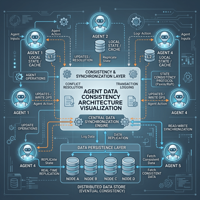 Architecture diagram showing agents, synchronization, caching, replication, and distributed data nodes