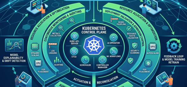 Diagram titled Kubernetes AI Control Plane Governance showing AI governance, Kubernetes control plane, and workloads