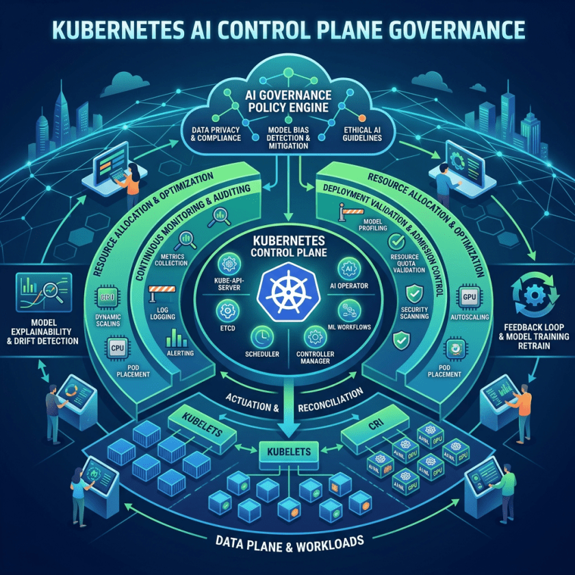 Diagram titled Kubernetes AI Control Plane Governance showing AI governance, Kubernetes control plane, and workloads