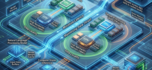 AI inference infrastructure: Memory and Data Locality Optimized, showing GPU clusters, TPU tensor processing units, on-premise data lake, distributed edge storage, local storage, high-bandwidth memory, model caches, input buffers, and data flows.