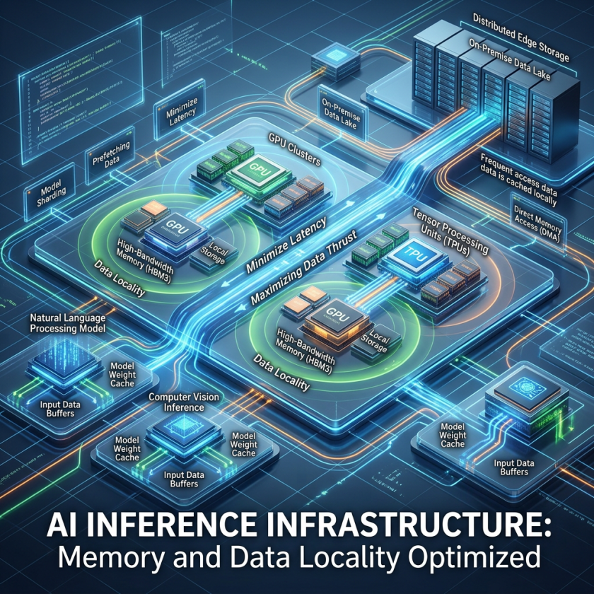 AI inference infrastructure: Memory and Data Locality Optimized, showing GPU clusters, TPU tensor processing units, on-premise data lake, distributed edge storage, local storage, high-bandwidth memory, model caches, input buffers, and data flows.
