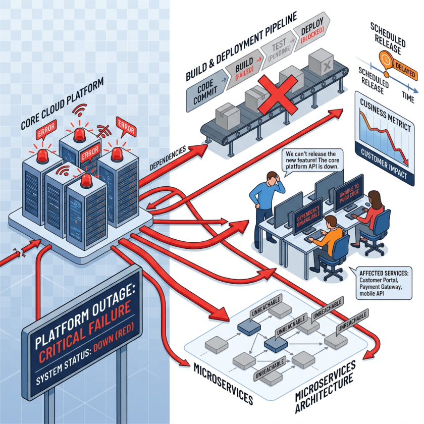 Diagram of cloud platform outage affecting deployment, dependencies, and microservices