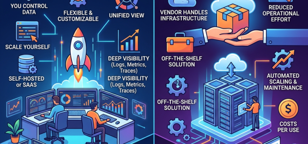 Infographic titled OBSERVABILITY PLATFORM VERSUS MANAGED SERVICE. OBSERVABILITY PLATFORM: YOU CONTROL DATA; FLEXIBLE & CUSTOMIZABLE; UNIFIED VIEW; SCALE YOURSELF; SELF-HOSTED or SAAS; DEEP VISIBILITY (Logs, Metrics, Traces); PROS: HIGH COST OVERHEAD, COMPLEXITY. MANAGED SERVICE: VENDOR HANDLES INFRASTRUCTURE; REDUCED OPERATIONAL EFFORT; OFF-THE-SHELF SOLUTION; AUTOMATED SCALING & MAINTENANCE; COSTS PER USE; CONS: VENDOR LOCK-IN, LIMITED CUSTOMIZATION. WHICH IS RIGHT FOR YOUR ORGANIZATION?