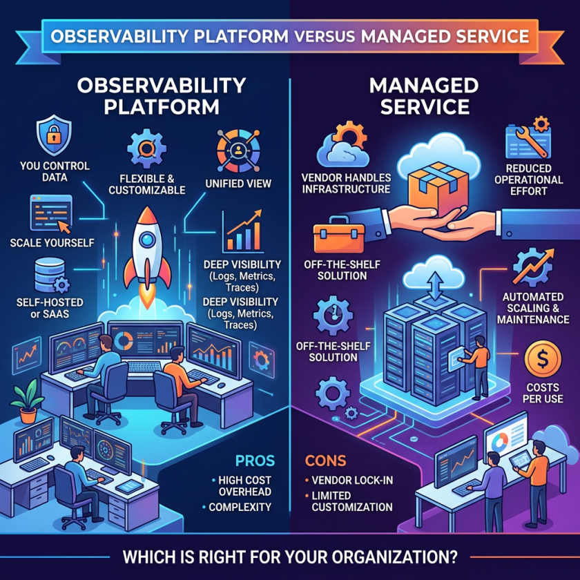 Infographic titled OBSERVABILITY PLATFORM VERSUS MANAGED SERVICE. OBSERVABILITY PLATFORM: YOU CONTROL DATA; FLEXIBLE & CUSTOMIZABLE; UNIFIED VIEW; SCALE YOURSELF; SELF-HOSTED or SAAS; DEEP VISIBILITY (Logs, Metrics, Traces); PROS: HIGH COST OVERHEAD, COMPLEXITY. MANAGED SERVICE: VENDOR HANDLES INFRASTRUCTURE; REDUCED OPERATIONAL EFFORT; OFF-THE-SHELF SOLUTION; AUTOMATED SCALING & MAINTENANCE; COSTS PER USE; CONS: VENDOR LOCK-IN, LIMITED CUSTOMIZATION. WHICH IS RIGHT FOR YOUR ORGANIZATION?