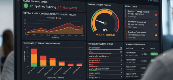 CodeQL security dashboard showing 12 running pipelines and two critical alerts
