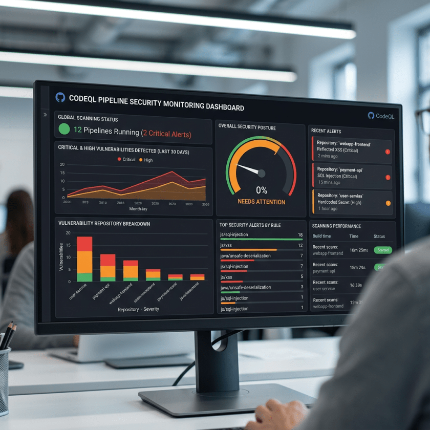 CodeQL security dashboard showing 12 running pipelines and two critical alerts