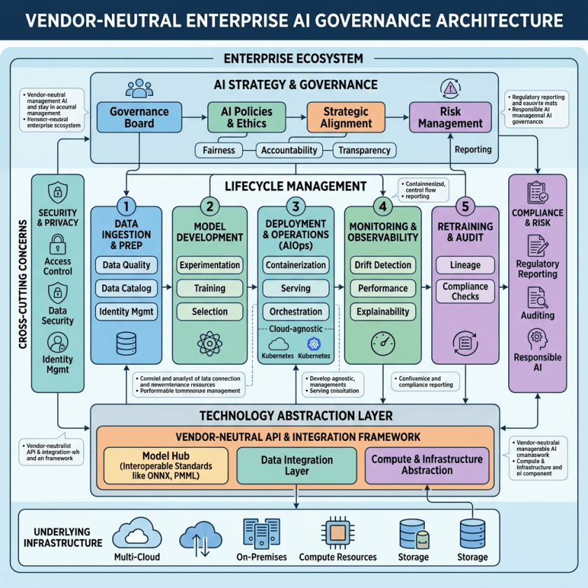 Enterprise AI governance architecture spanning strategy, lifecycle, technology, and infrastructure layers