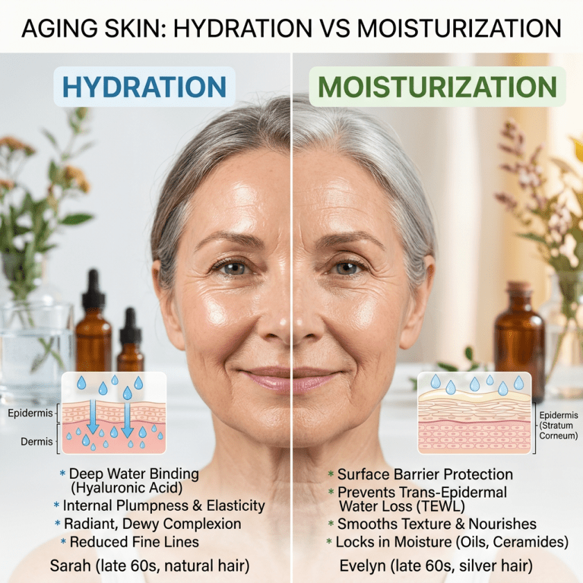 Infographic titled AGING SKIN: HYDRATION VS MOISTURIZATION, comparing hydration and moisturization with labeled benefits and diagrams.