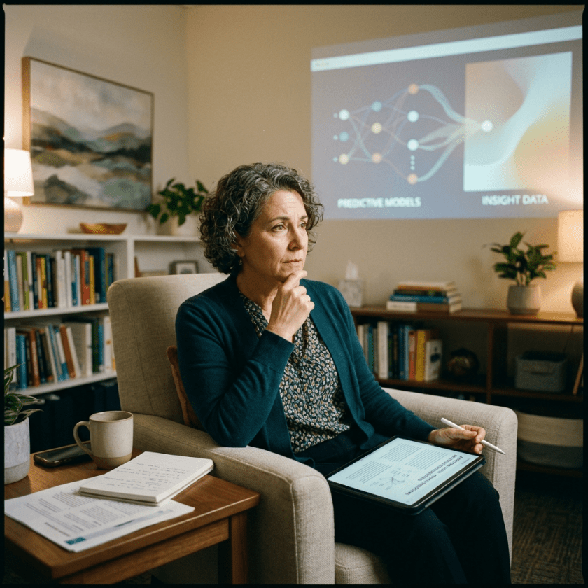 Woman reviewing a tablet beside a projected predictive models presentation