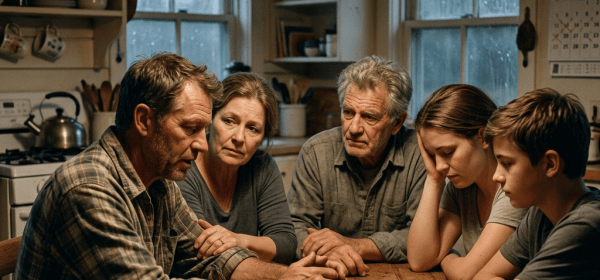 Five family members sitting together at a kitchen table