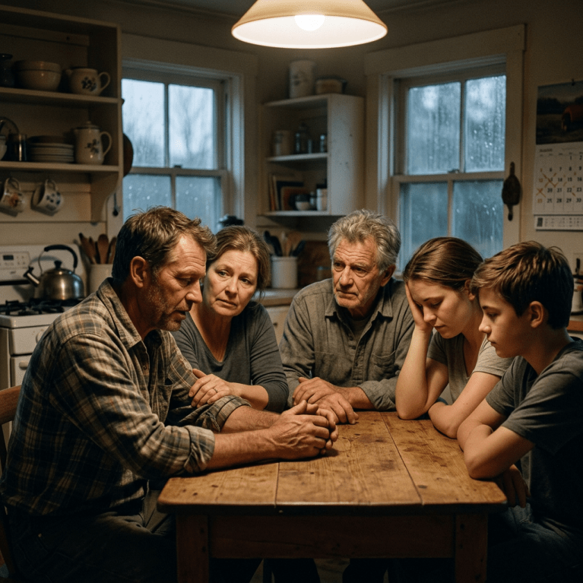 Five family members sitting together at a kitchen table