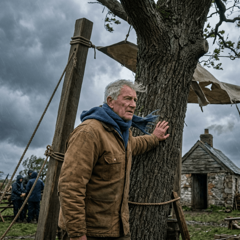 Gray-haired man touching a tree beside a rustic shelter in rain