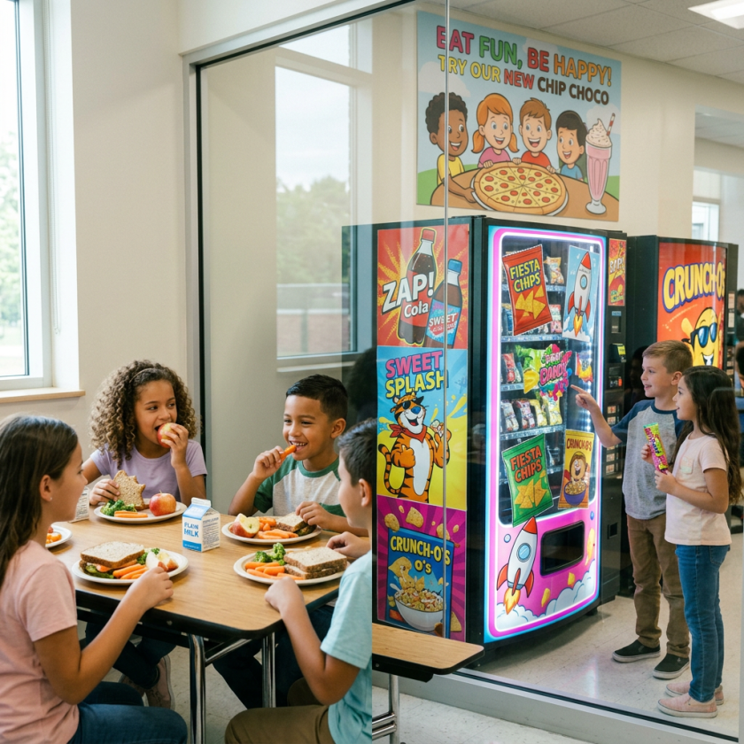 Children eating lunch and choosing snacks beside machines labeled “EAT FUN, BE HAPPY!” and “FIESTA CHIPS.”